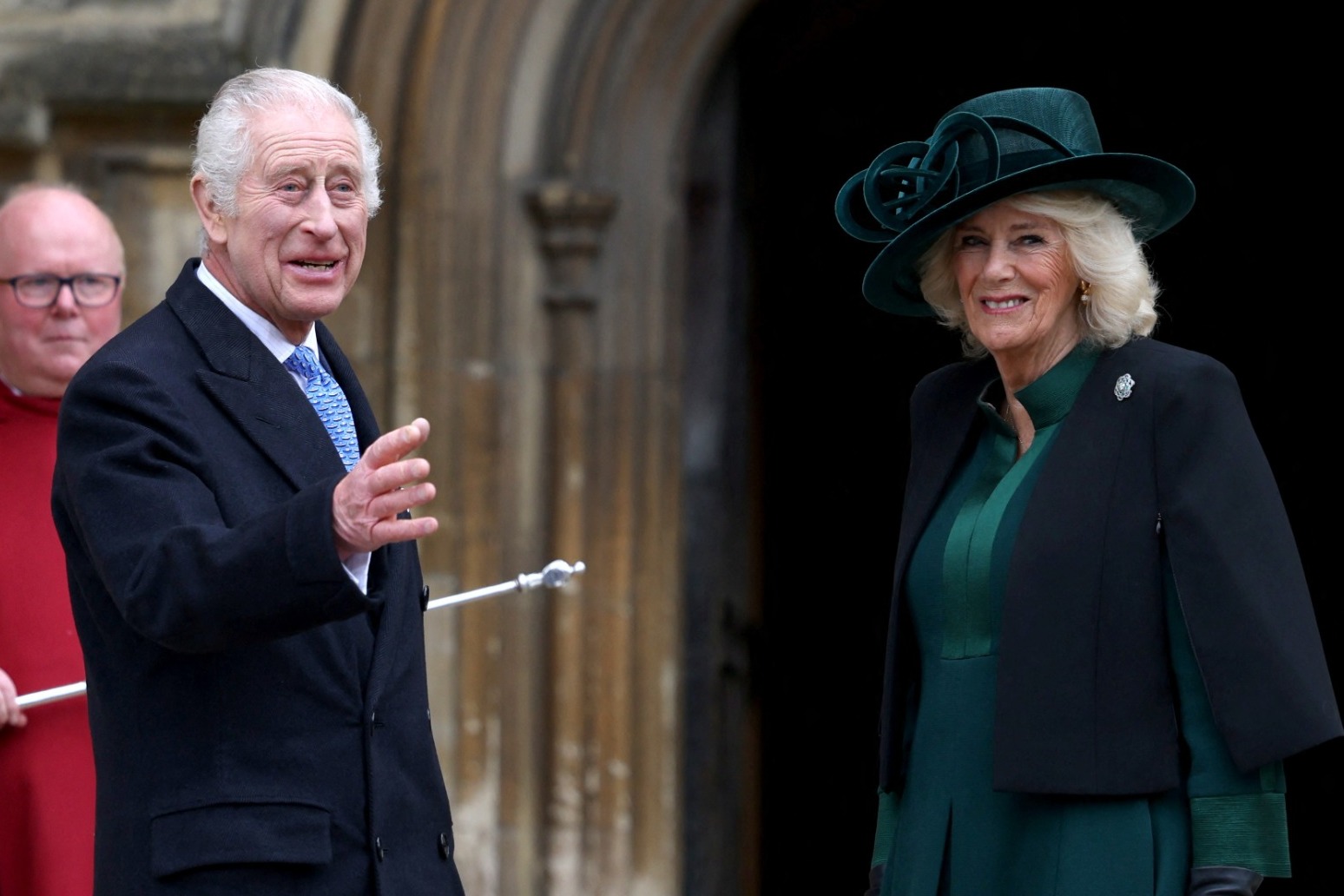 King smiles and waves at Easter Sunday service 