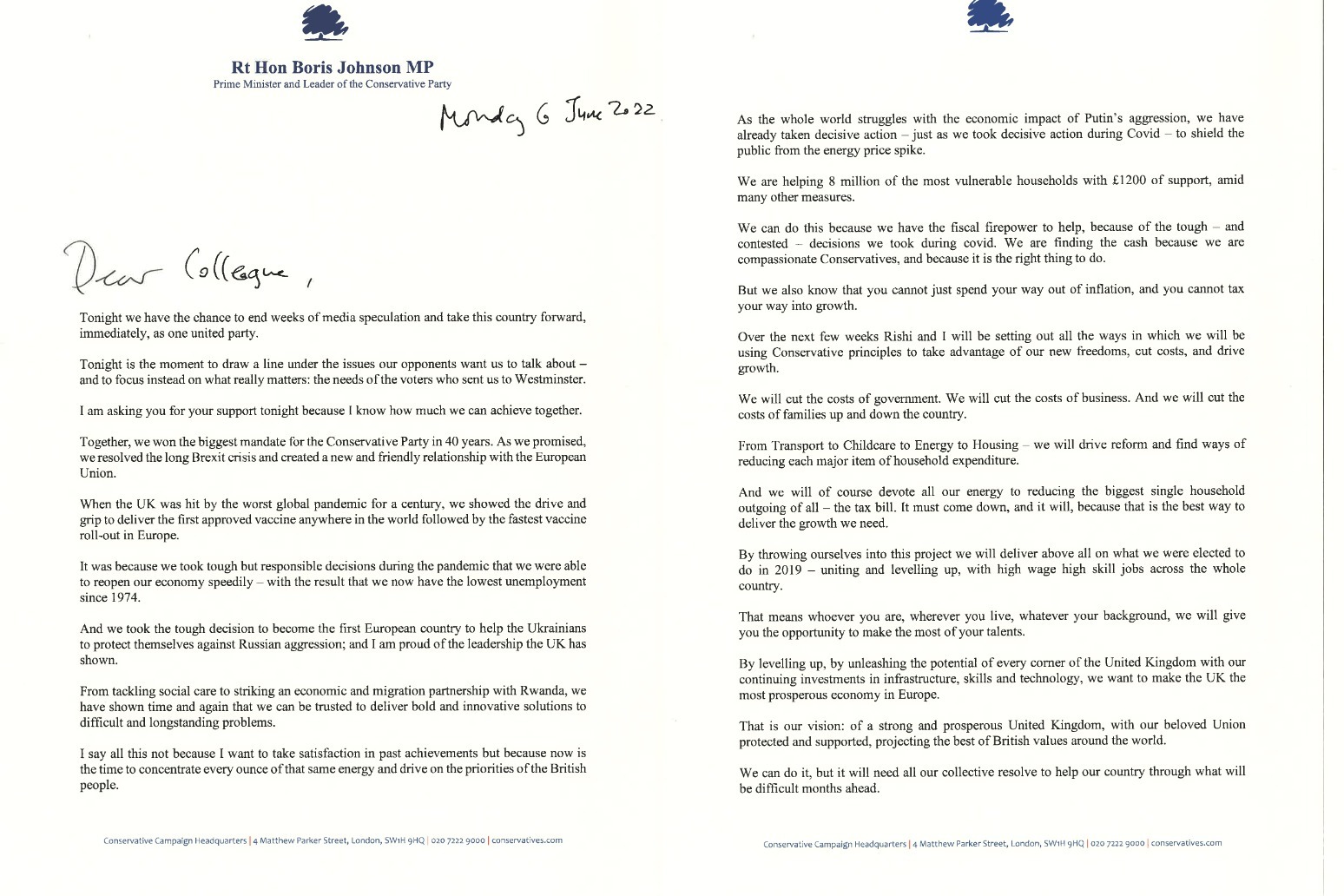 Text of Boris Johnsons letter to Tory MPs