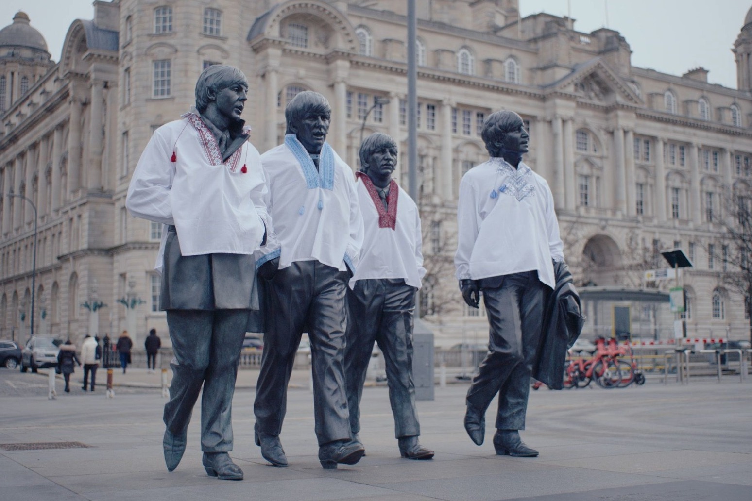 The Beatles Statue dressed in Ukrainian clothing ahead of Eurovision 